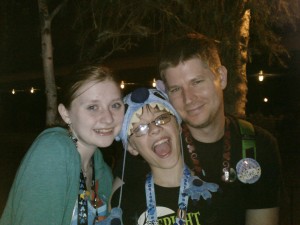 The fam waiting in line to board The Matterhorn Bobsleds.